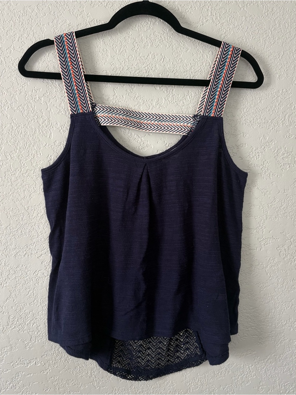 Full Tilt Girls Size Large Navy Blue with Lace Detail Embroidered Strap Tank Top